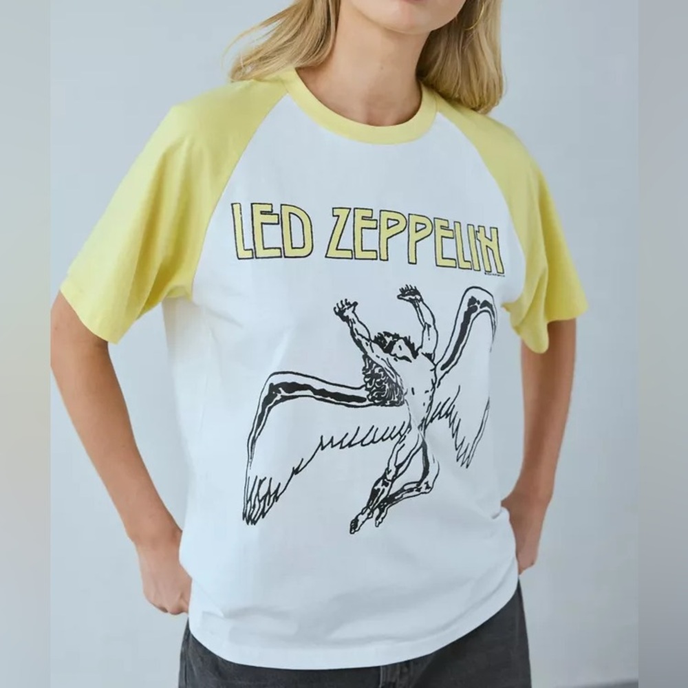 Urban Outfitters Led Zeppelin 1997 Yellow White Graphic Raglan Tee tshirt L/XL